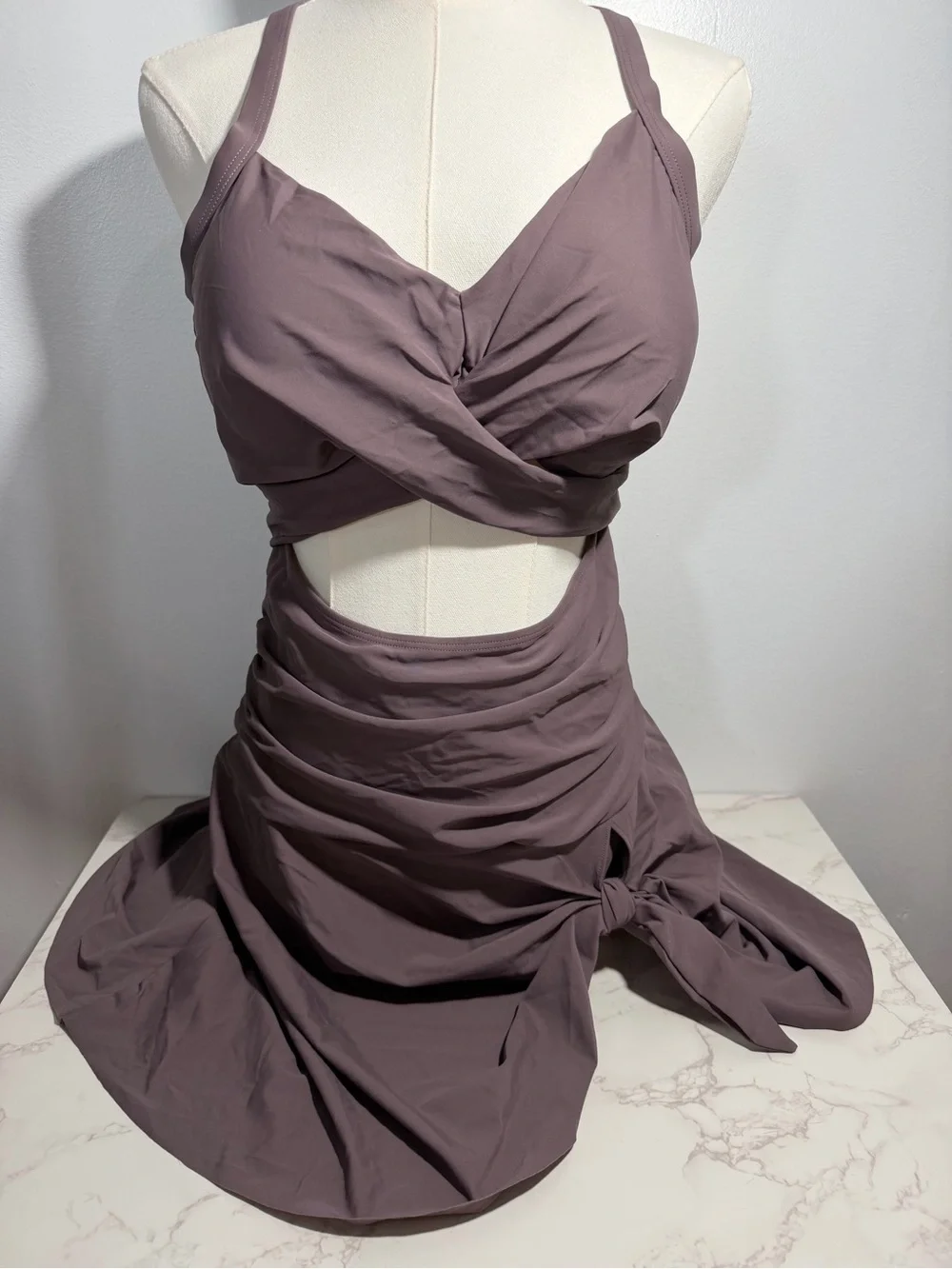 NWOT Zaful Lavender Gray Twist Front Cutout Swim Dress -- XL